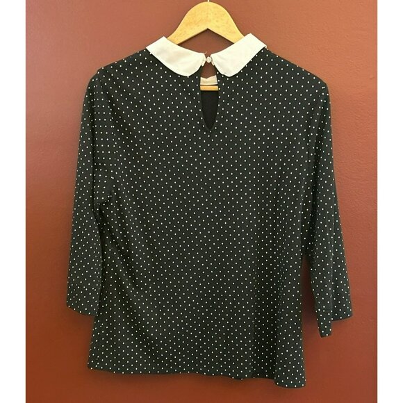 CeCe Black & White Wednesday Polka Dot Blouse Peter Pan Collar Large Long Sleeve - Picture 4 of 5